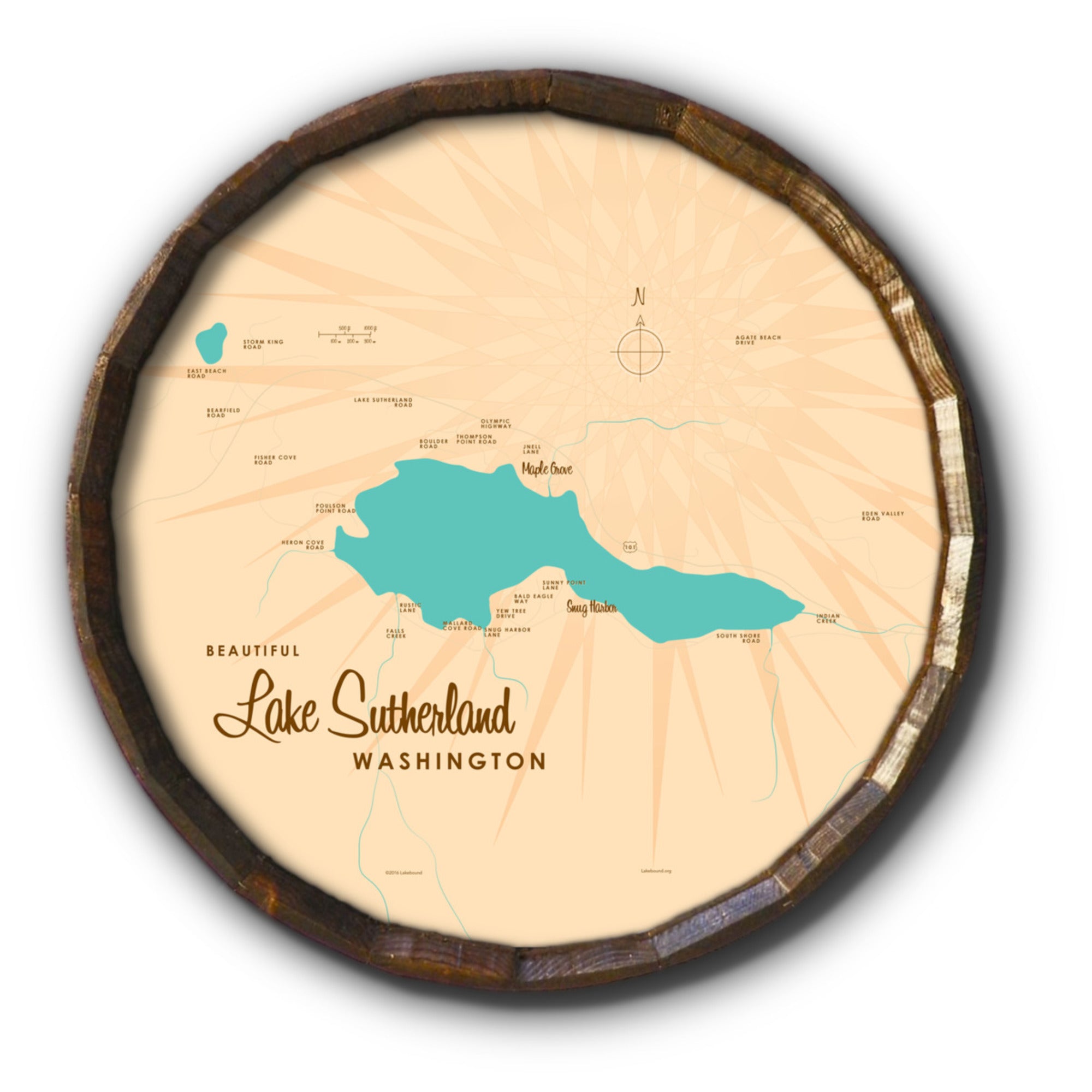 Lake Sutherland Washington, Barrel End Map Art