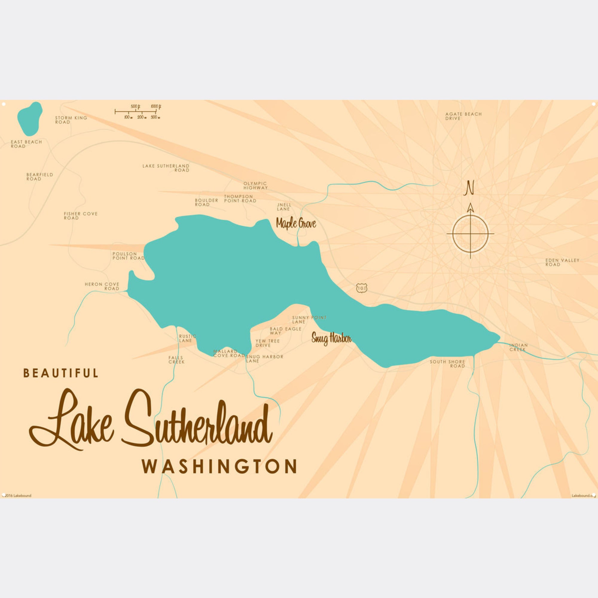Lake Sutherland Washington, Metal Sign Map Art