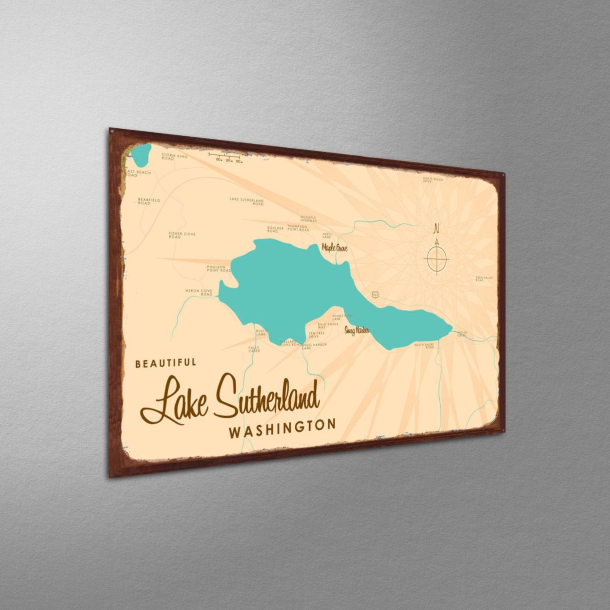 Lake Sutherland Washington, Rustic Metal Sign Map Art