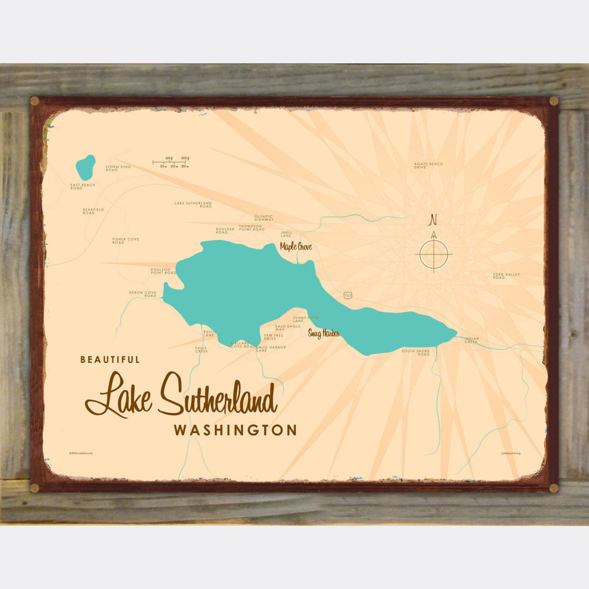 Lake Sutherland Washington, Wood-Mounted Rustic Metal Sign Map Art