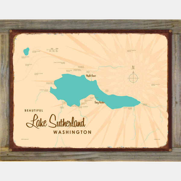 Lake Sutherland Washington, Wood-Mounted Rustic Metal Sign Map Art