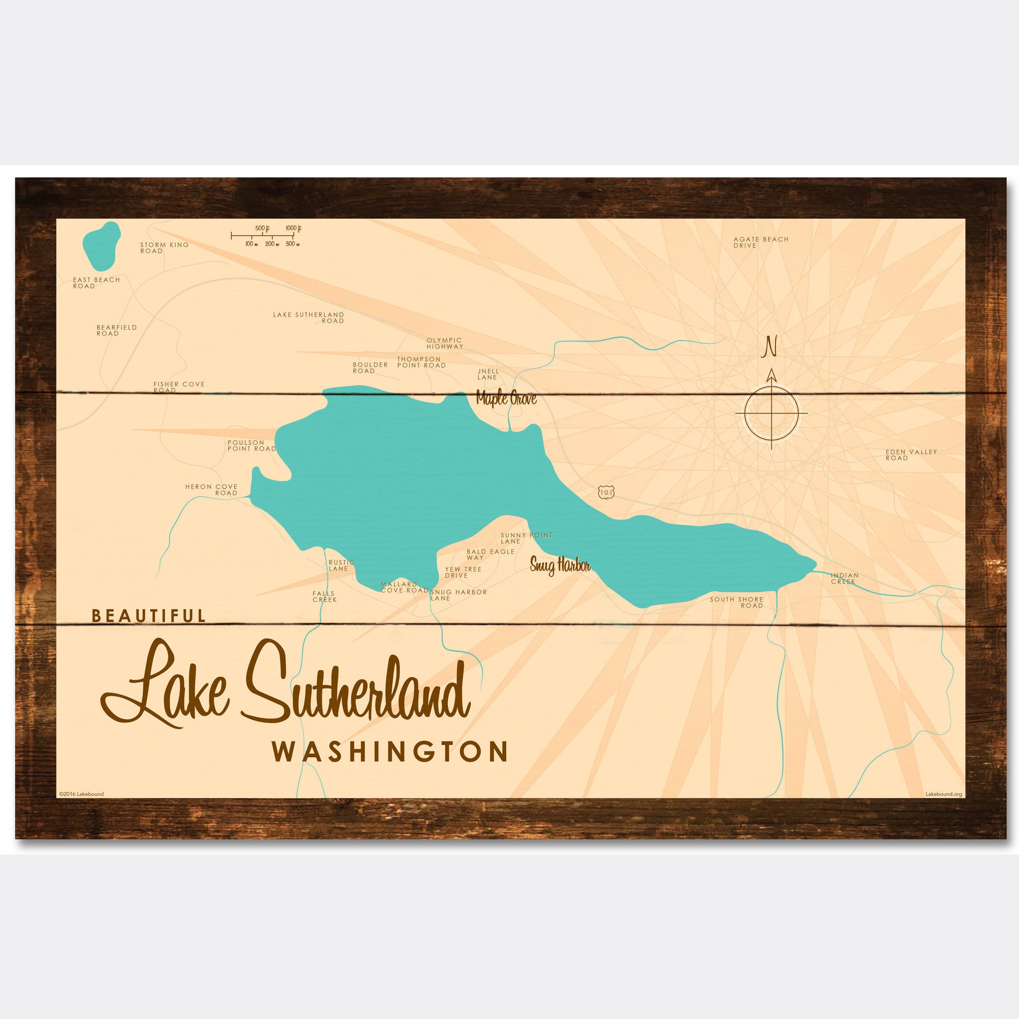 Lake Sutherland Washington, Rustic Wood Sign Map Art