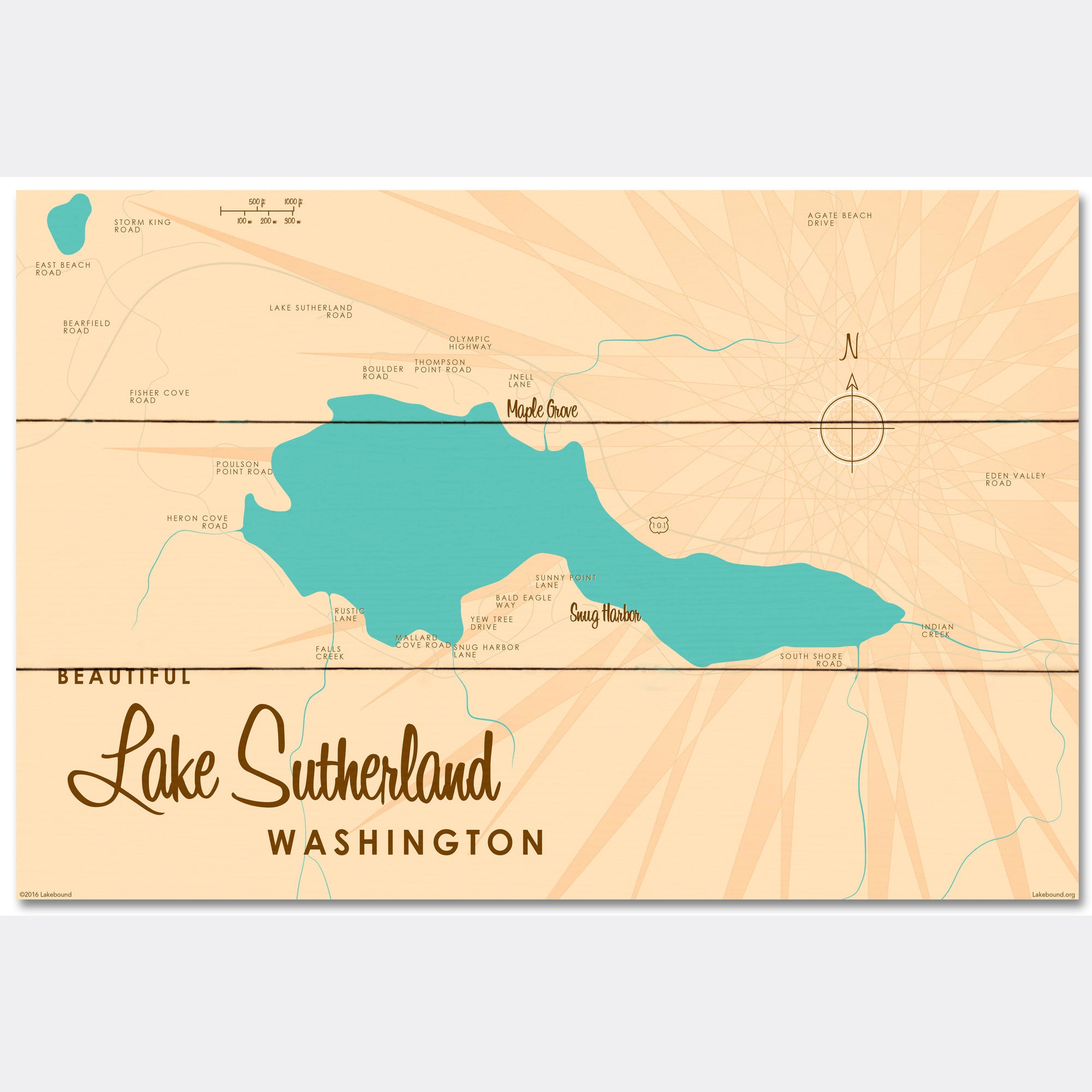Lake Sutherland Washington, Wood Sign Map Art