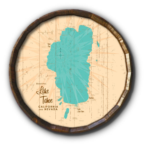 Lake Tahoe CA Nevada, Rustic Barrel End Map Art