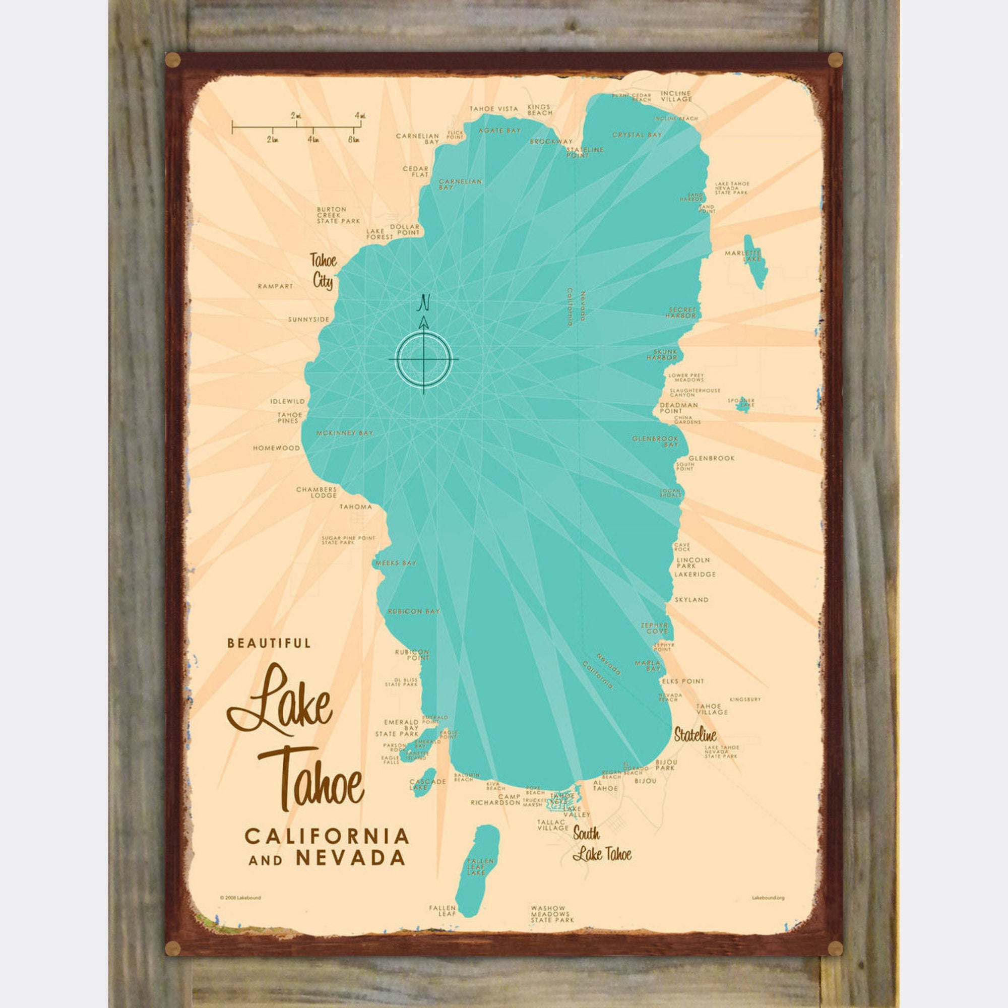 Lake Tahoe California Nevada, Wood-Mounted Rustic Metal Sign Map Art