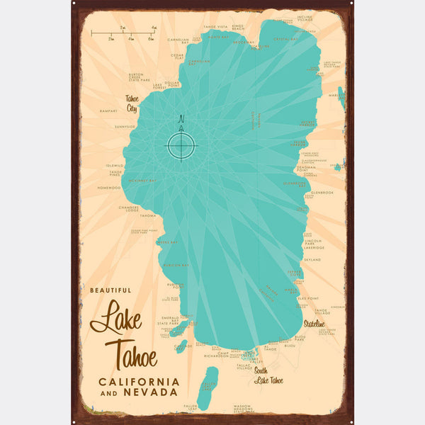 Lake Tahoe California Nevada, Rustic Metal Sign Map Art