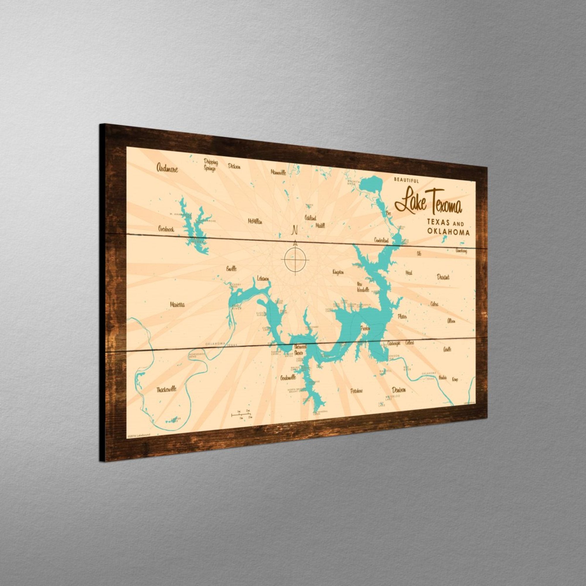 Lake Texoma TX Oklahoma, Rustic Wood Sign Map Art