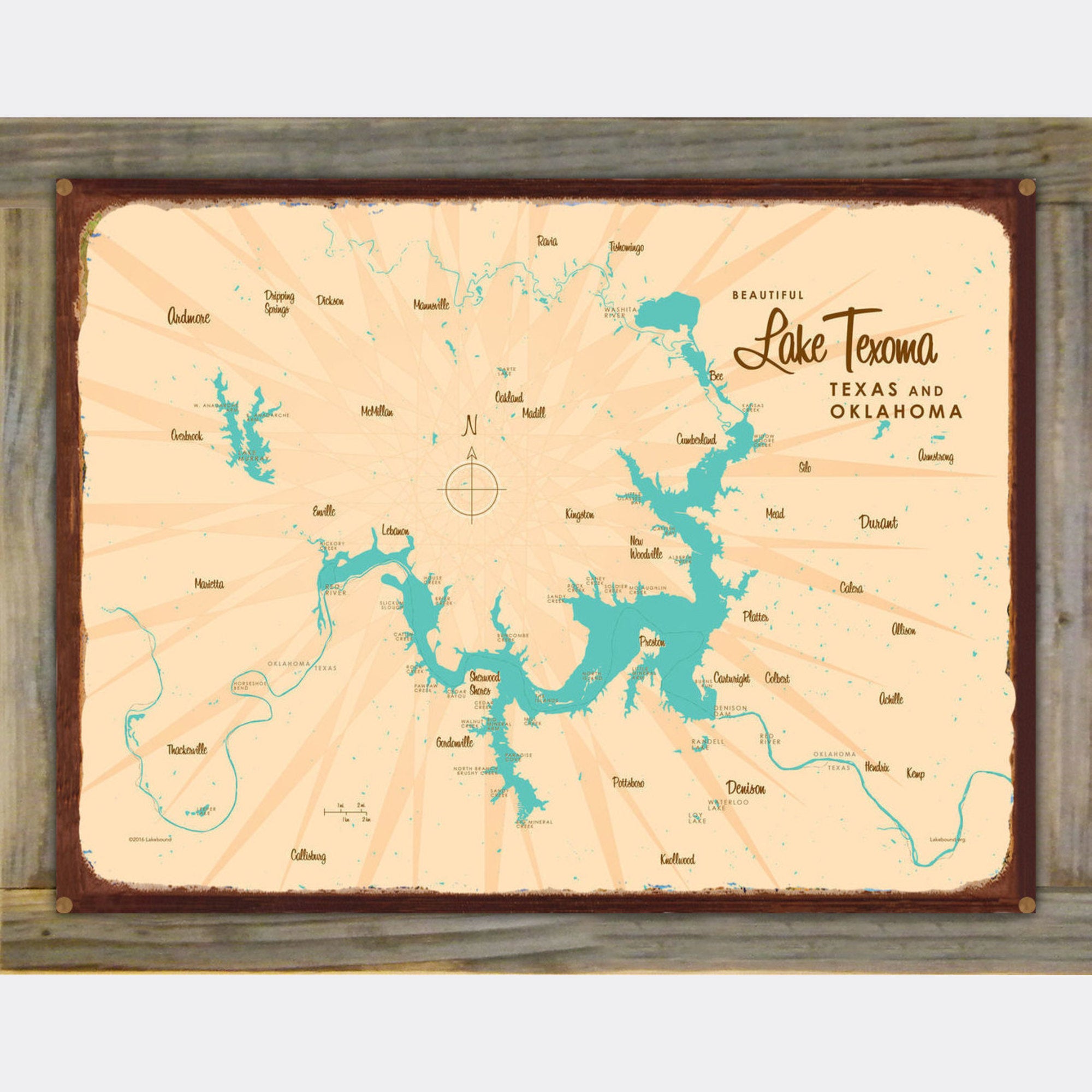 Lake Texoma Texas Oklahoma, Wood-Mounted Rustic Metal Sign Map Art
