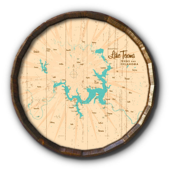 Lake Texoma TX Oklahoma, Rustic Barrel End Map Art