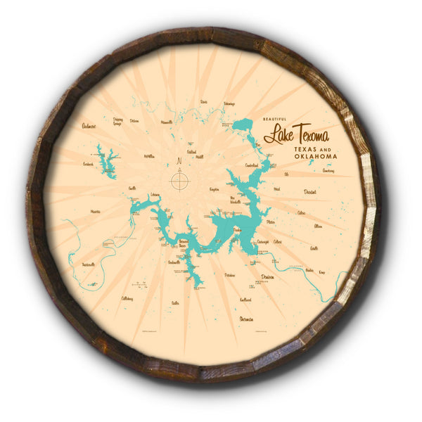 Lake Texoma TX Oklahoma, Barrel End Map Art
