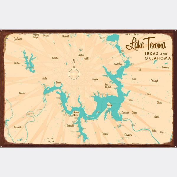 Lake Texoma Texas Oklahoma, Rustic Metal Sign Map Art