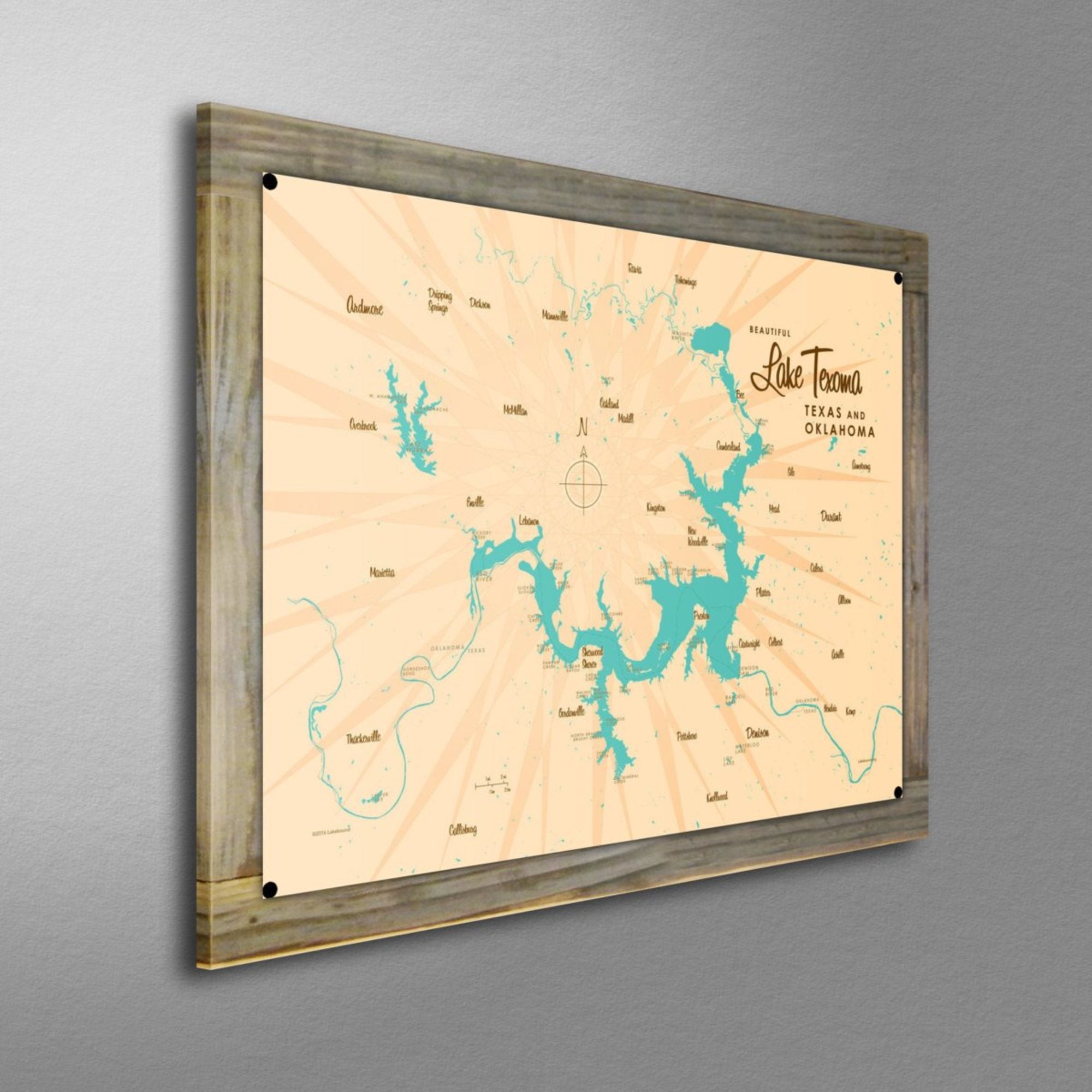 Lake Texoma Texas Oklahoma, Wood-Mounted Metal Sign Map Art