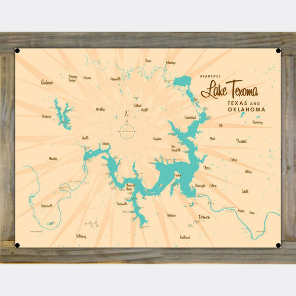 Lake Texoma Texas Oklahoma, Wood-Mounted Metal Sign Map Art