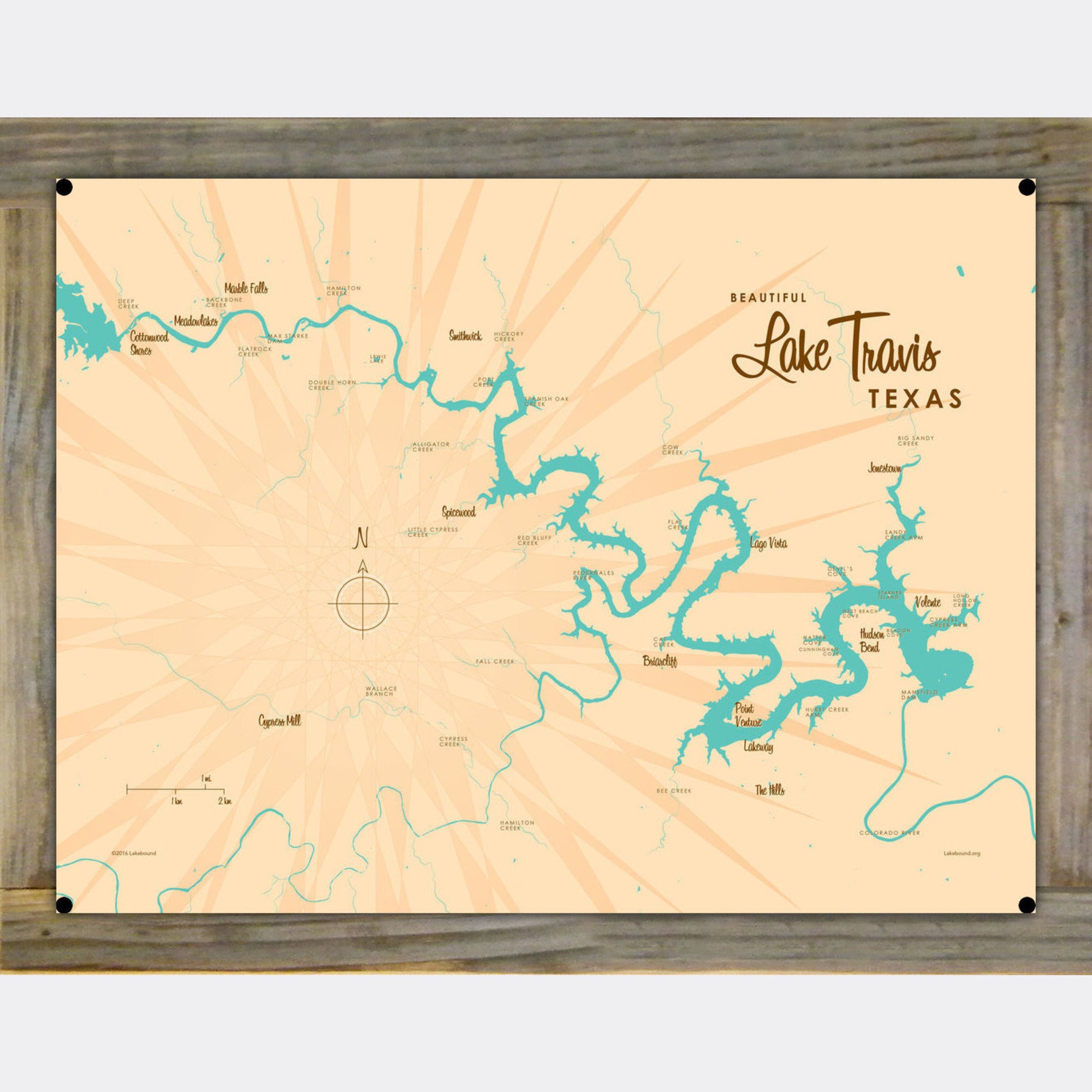 Lake Travis Texas, Wood-Mounted Metal Sign Map Art