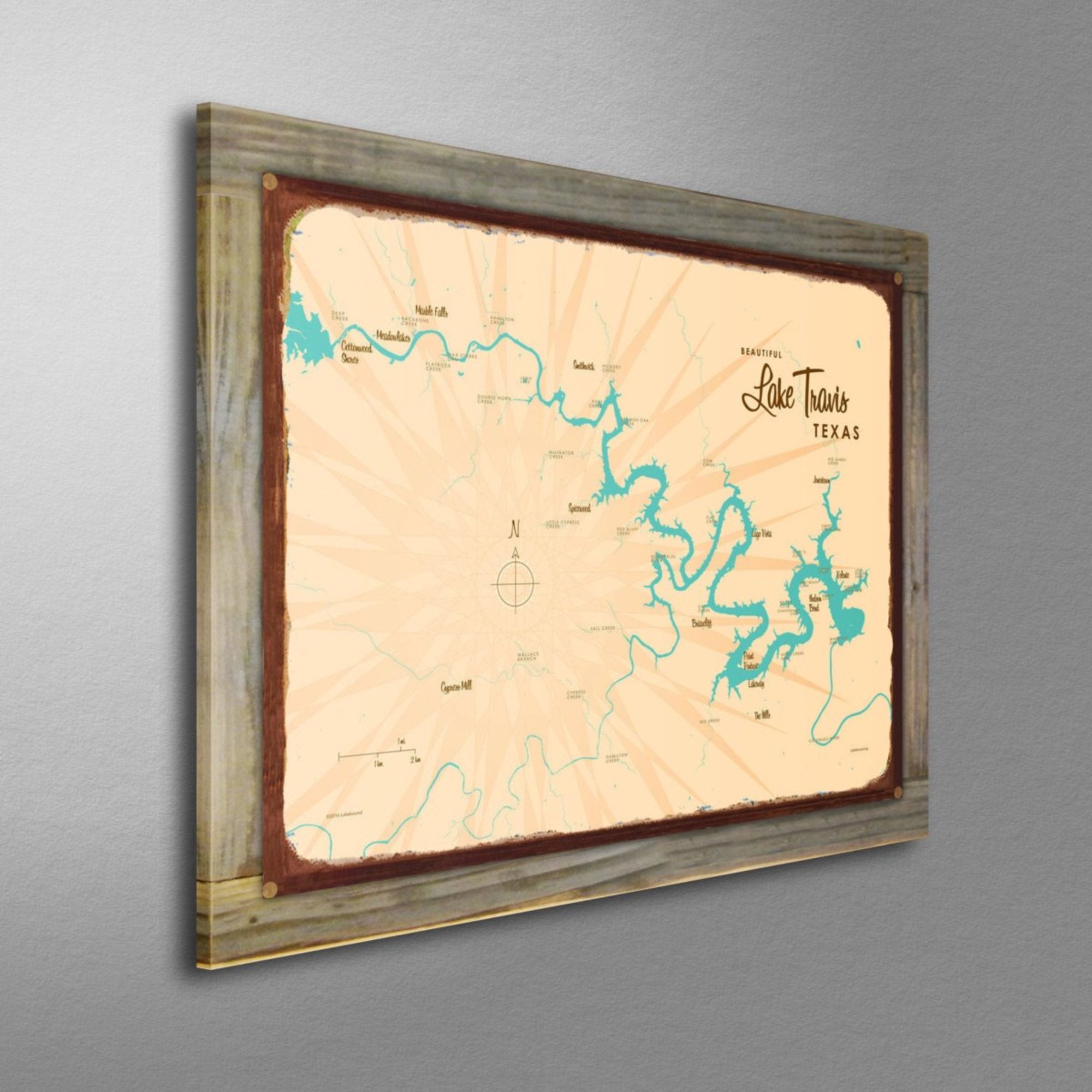 Lake Travis Texas, Wood-Mounted Rustic Metal Sign Map Art