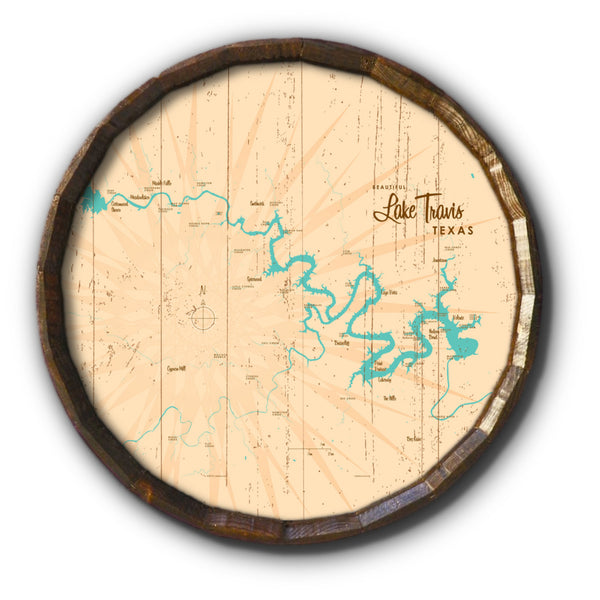 Lake Travis Texas, Rustic Barrel End Map Art