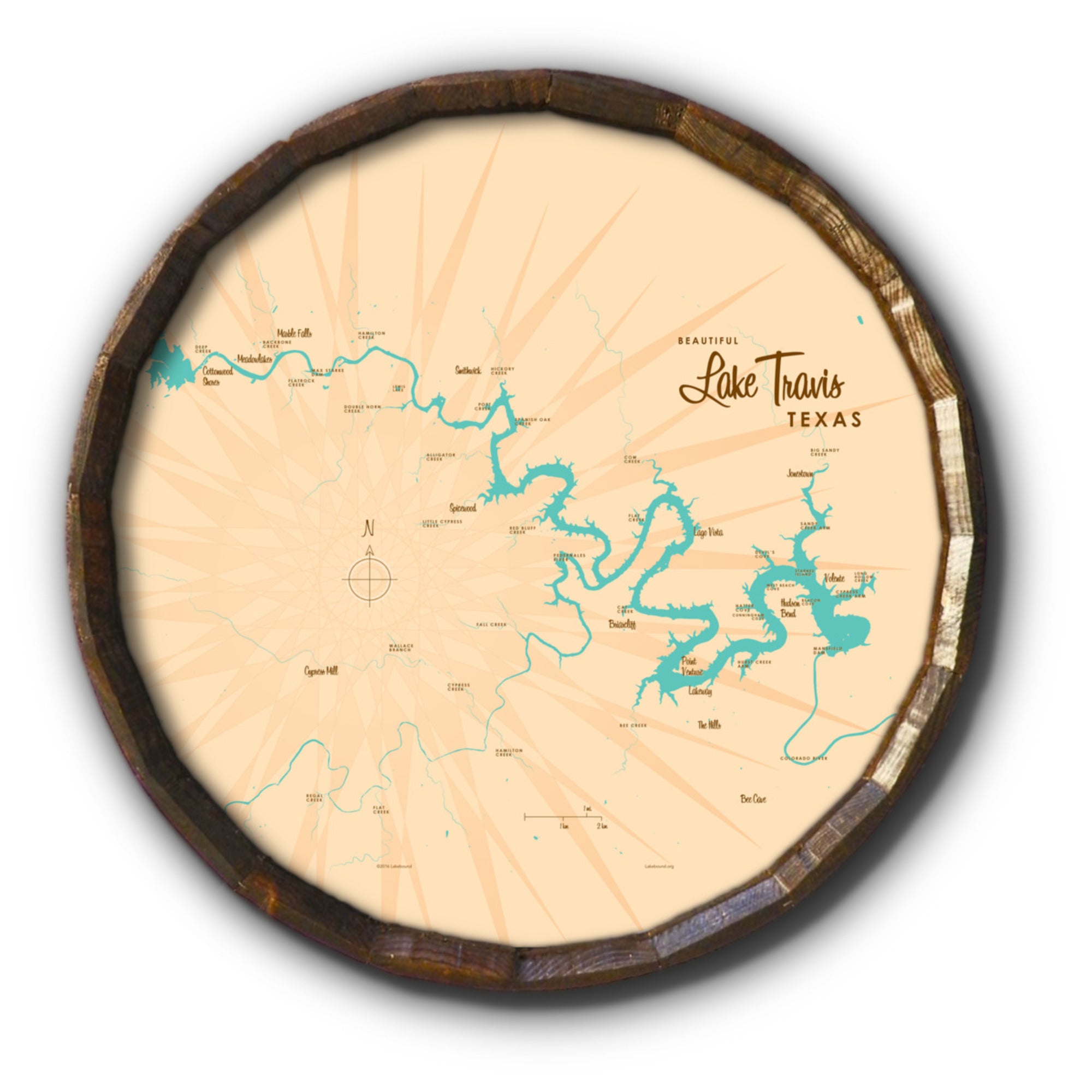 Lake Travis Texas, Barrel End Map Art