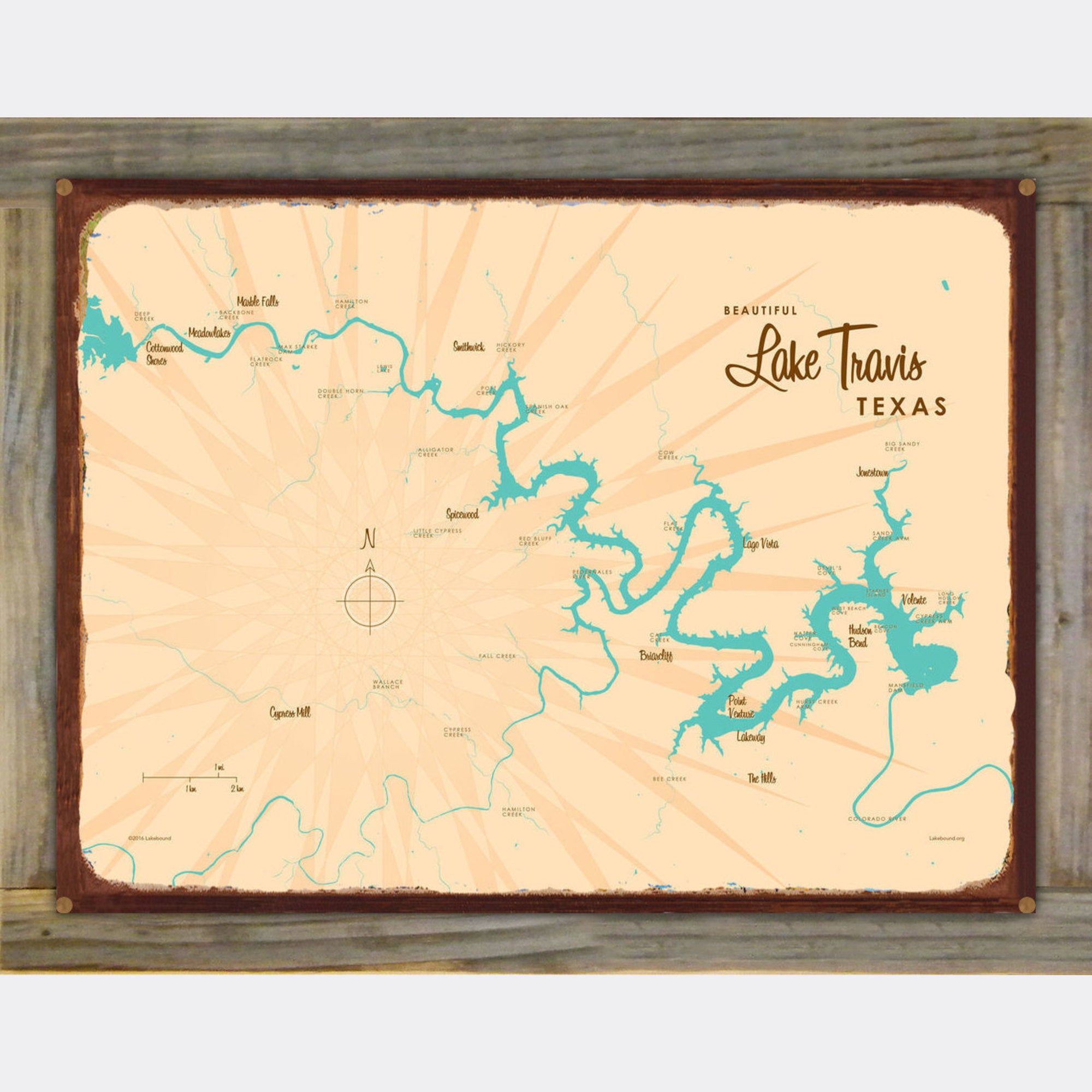 Lake Travis Texas, Wood-Mounted Rustic Metal Sign Map Art