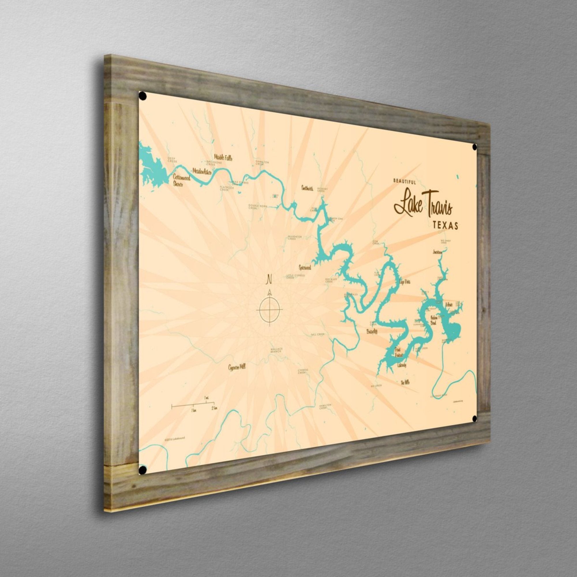 Lake Travis Texas, Wood-Mounted Metal Sign Map Art