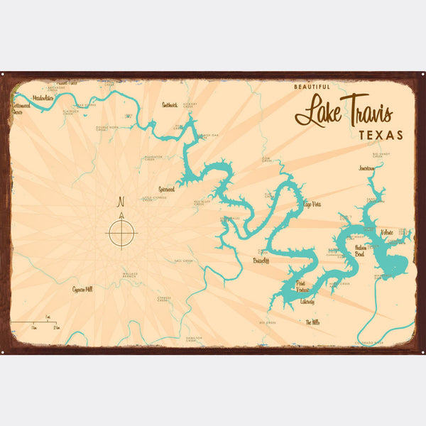 Lake Travis Texas, Rustic Metal Sign Map Art