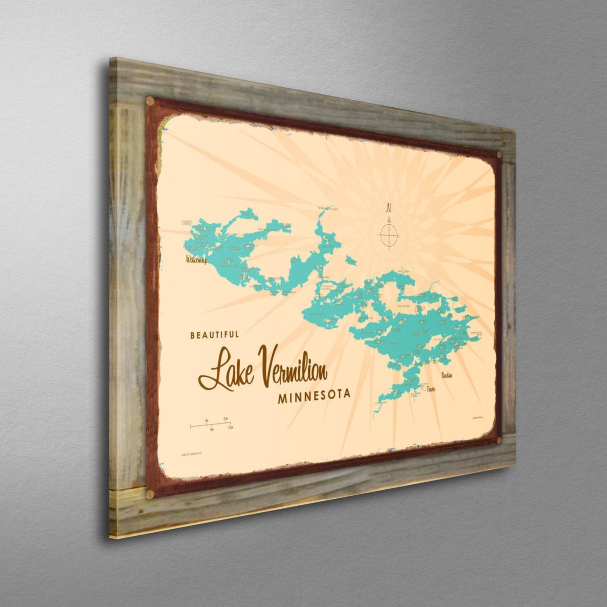 Lake Vermilion Minnesota, Wood-Mounted Rustic Metal Sign Map Art