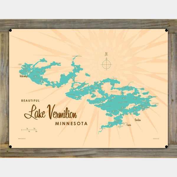 Lake Vermilion Minnesota, Wood-Mounted Metal Sign Map Art