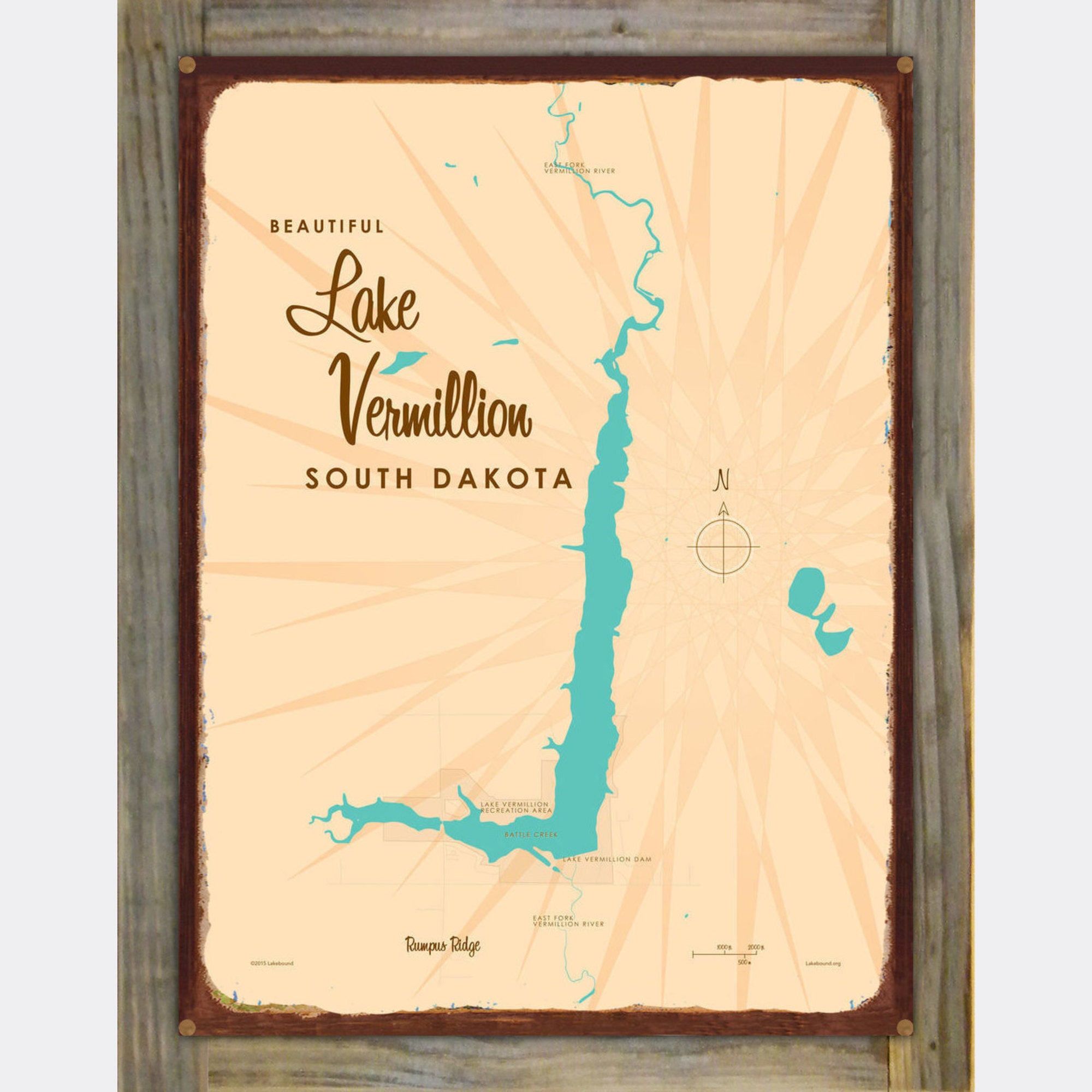 Lake Vermillion South Dakota, Wood-Mounted Rustic Metal Sign Map Art