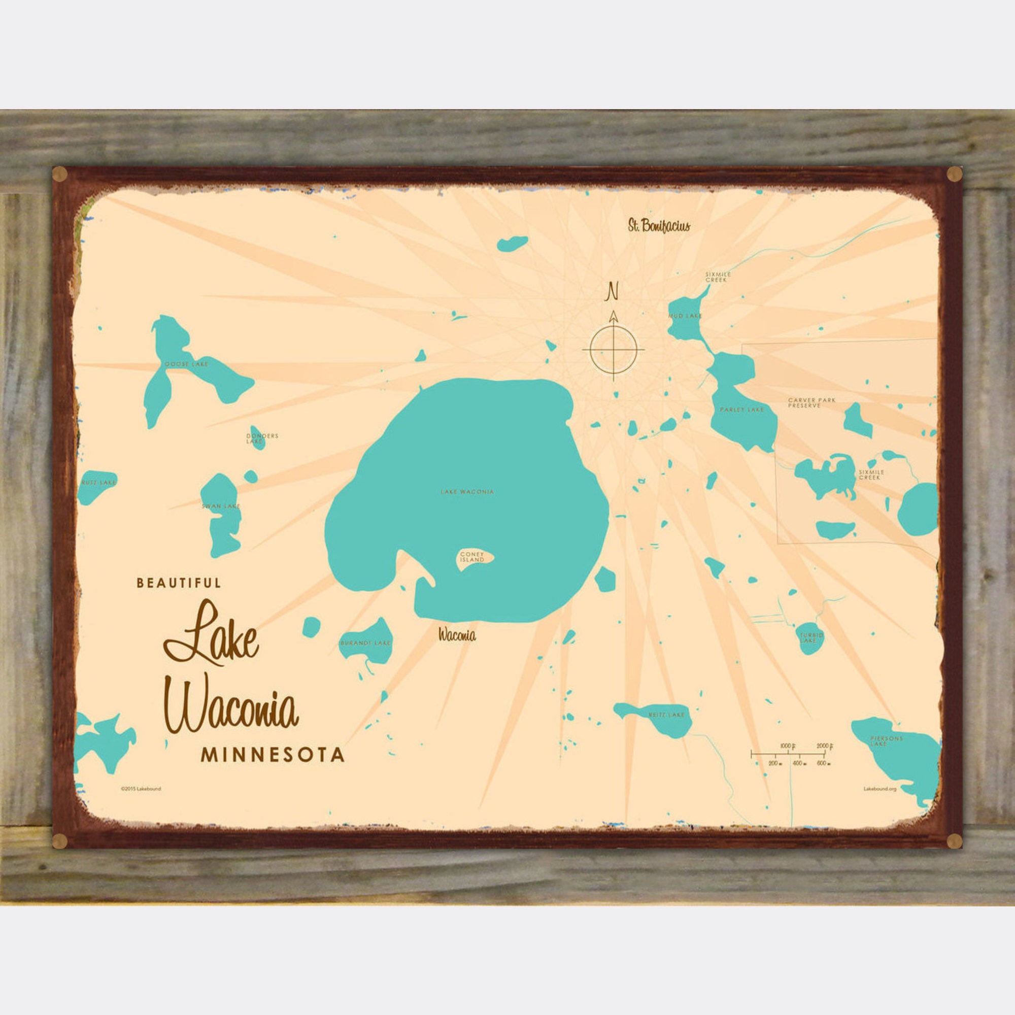 Lake Waconia Minnesota, Wood-Mounted Rustic Metal Sign Map Art