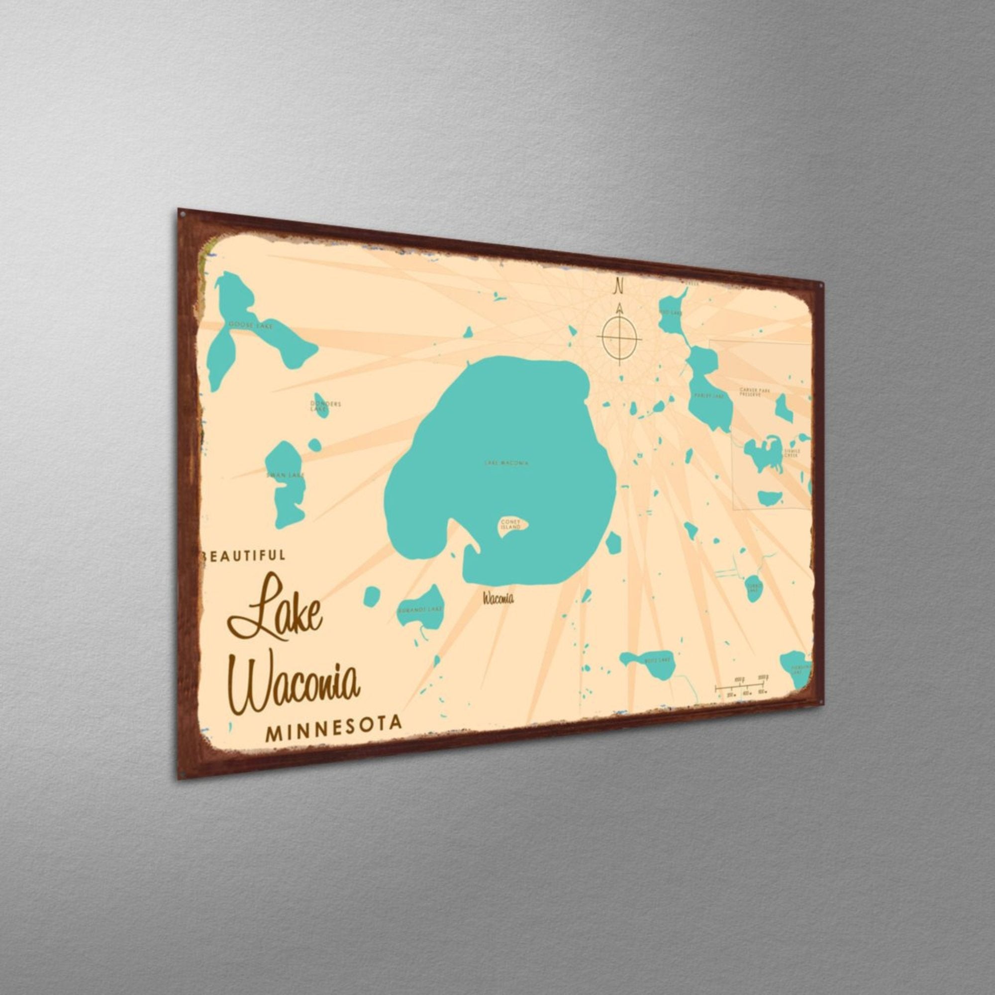 Lake Waconia Minnesota, Rustic Metal Sign Map Art