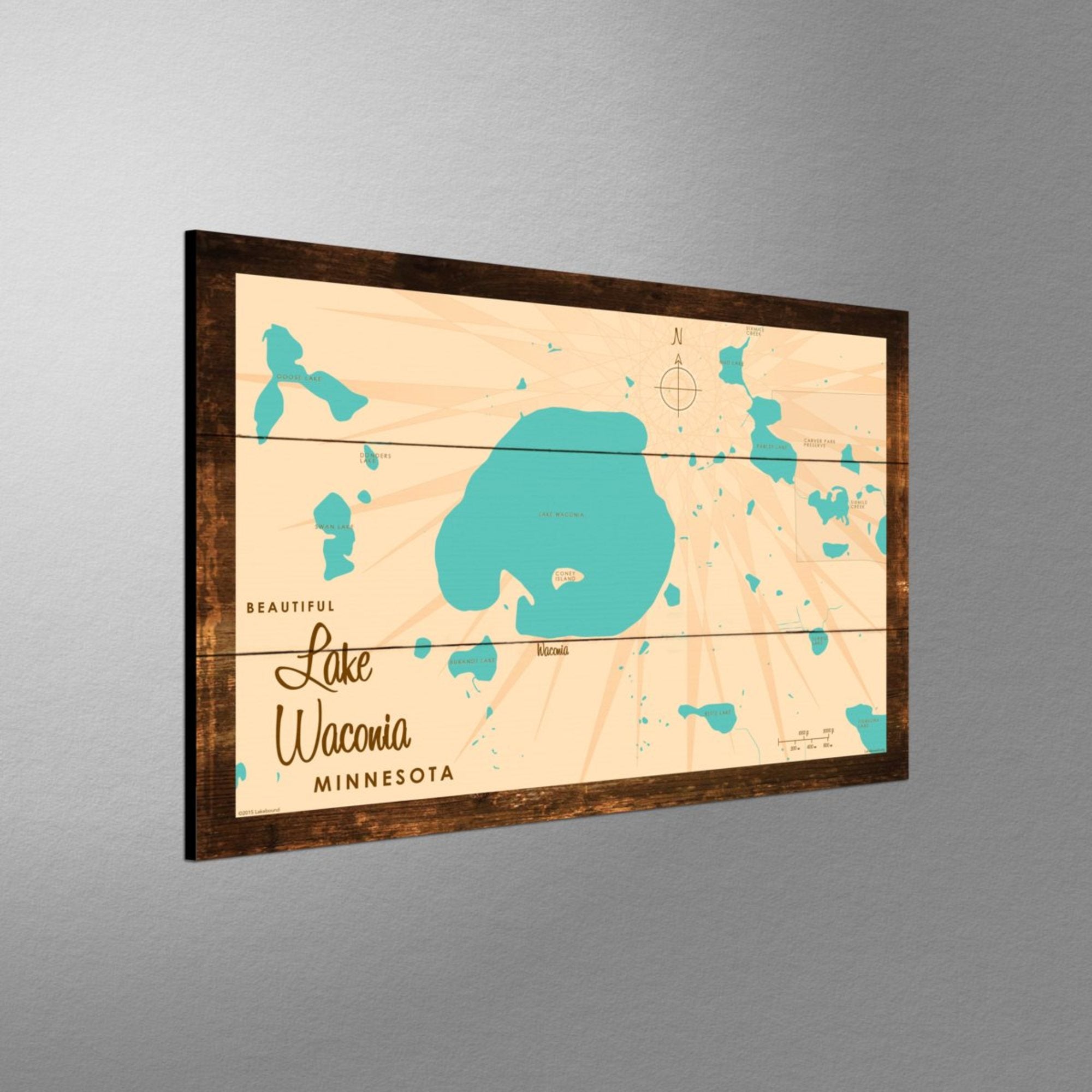Lake Waconia Minnesota, Rustic Wood Sign Map Art