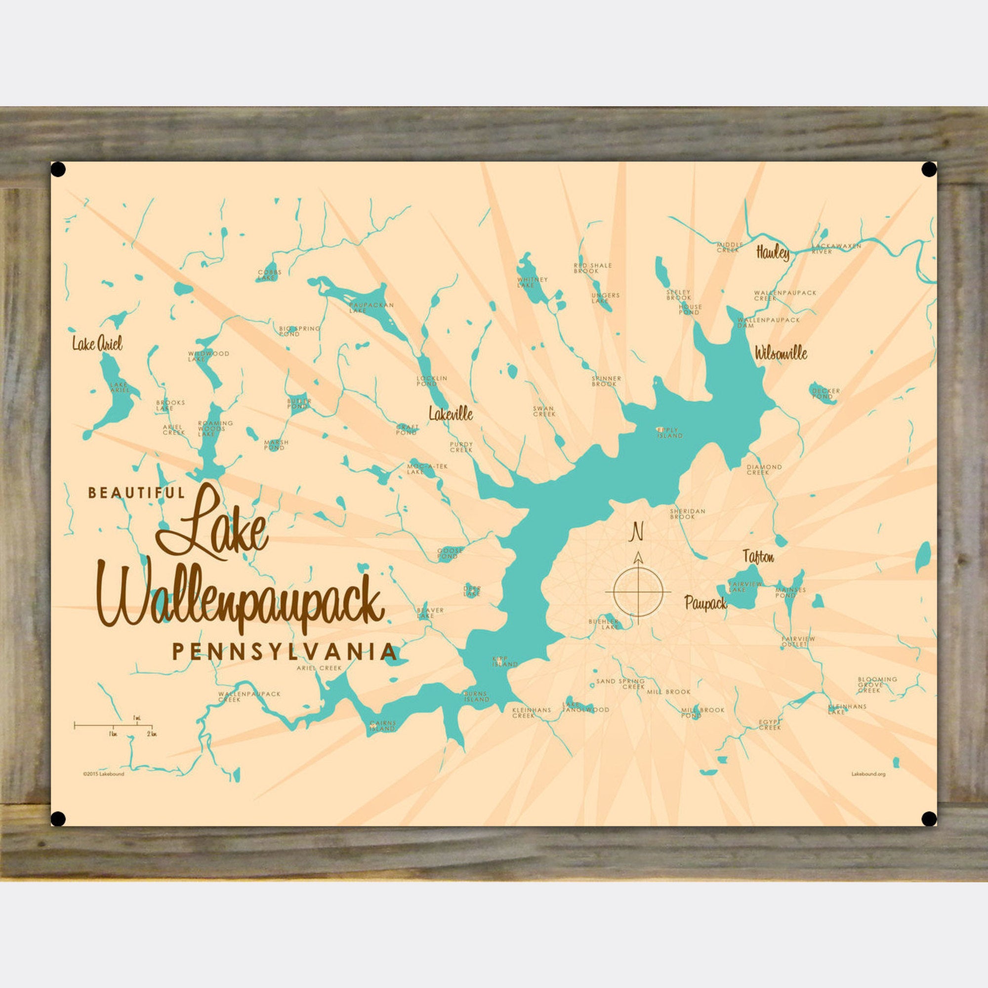 Lake Wallenpaupack Pennsylvania, Wood-Mounted Metal Sign Map Art