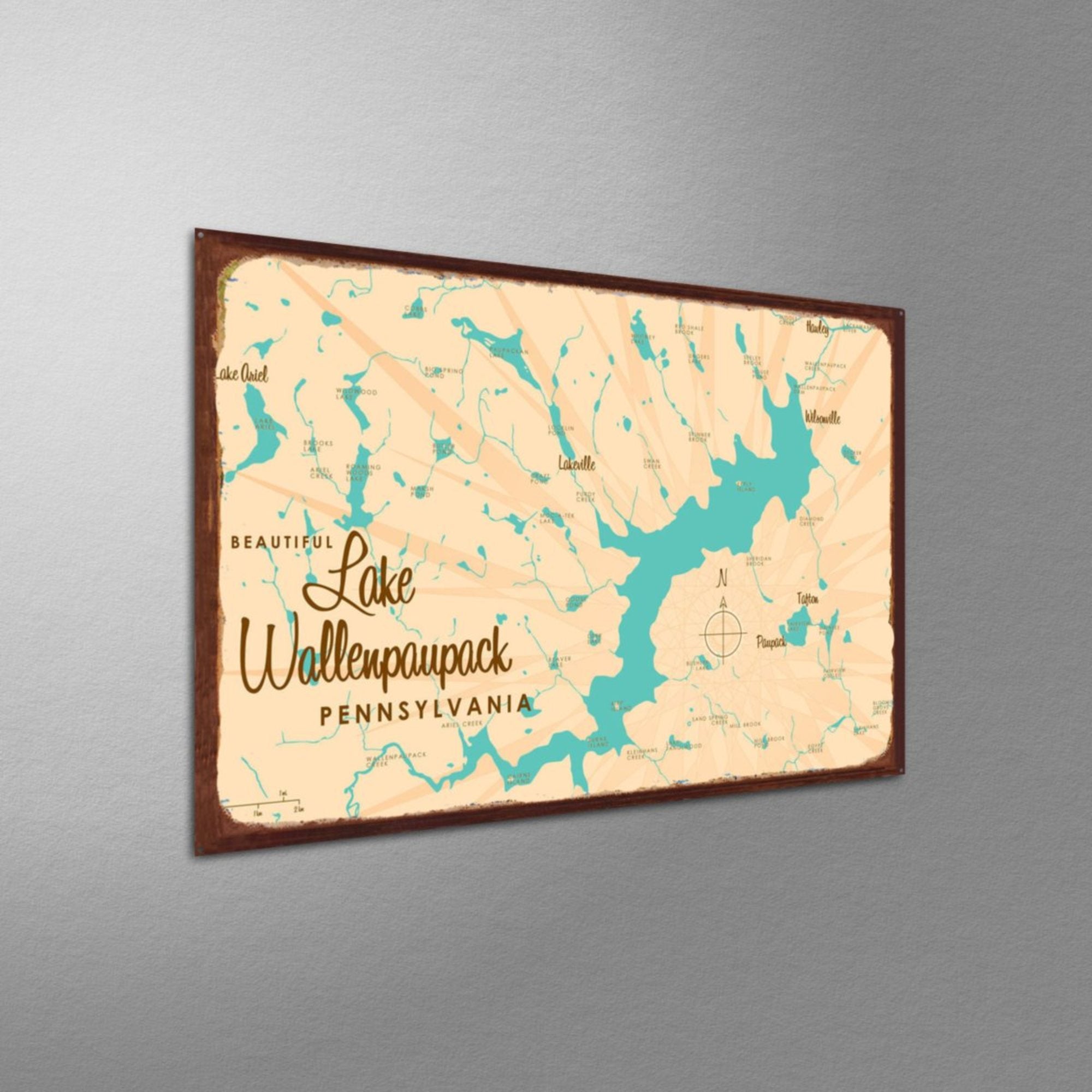 Lake Wallenpaupack Pennsylvania, Rustic Metal Sign Map Art