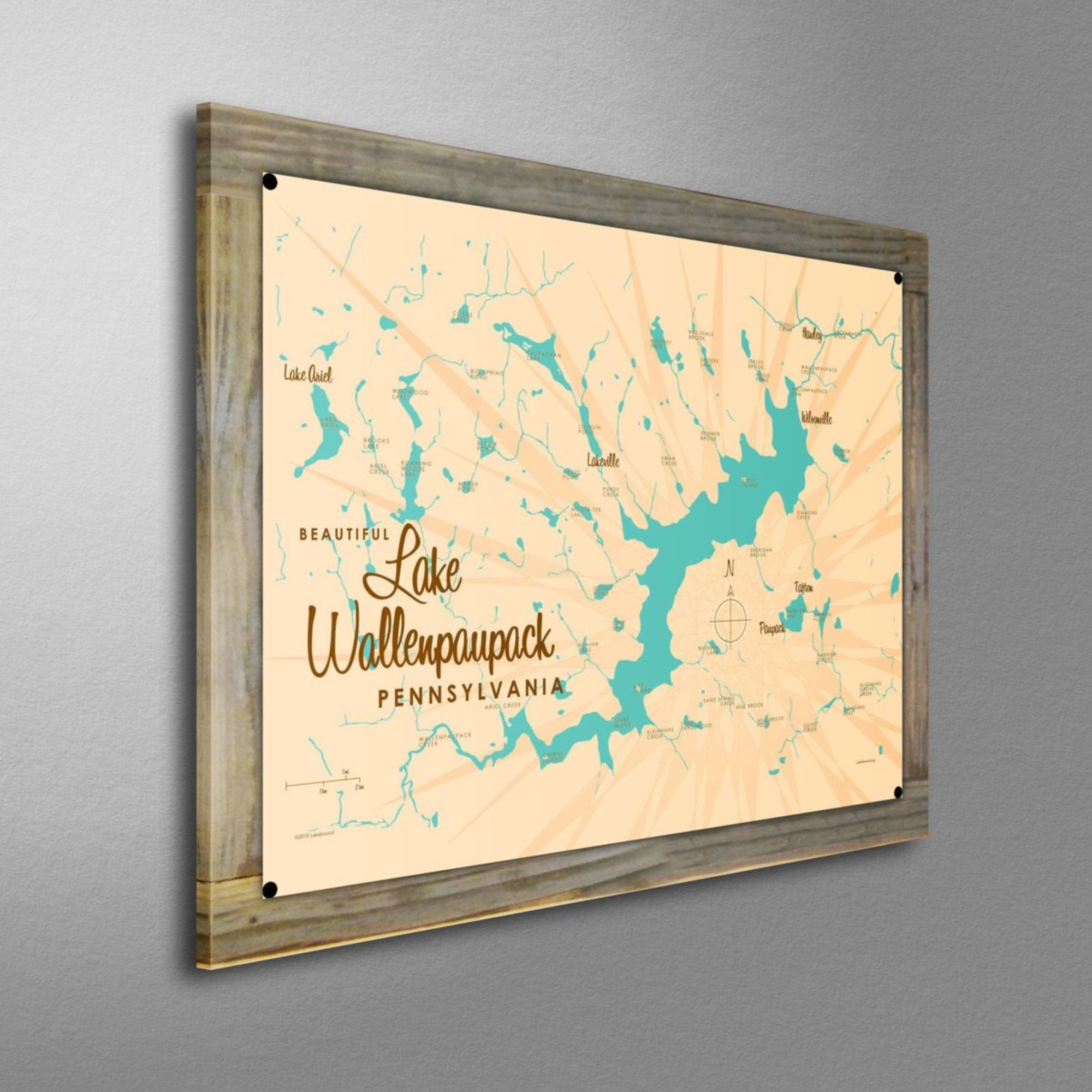 Lake Wallenpaupack Pennsylvania, Wood-Mounted Metal Sign Map Art