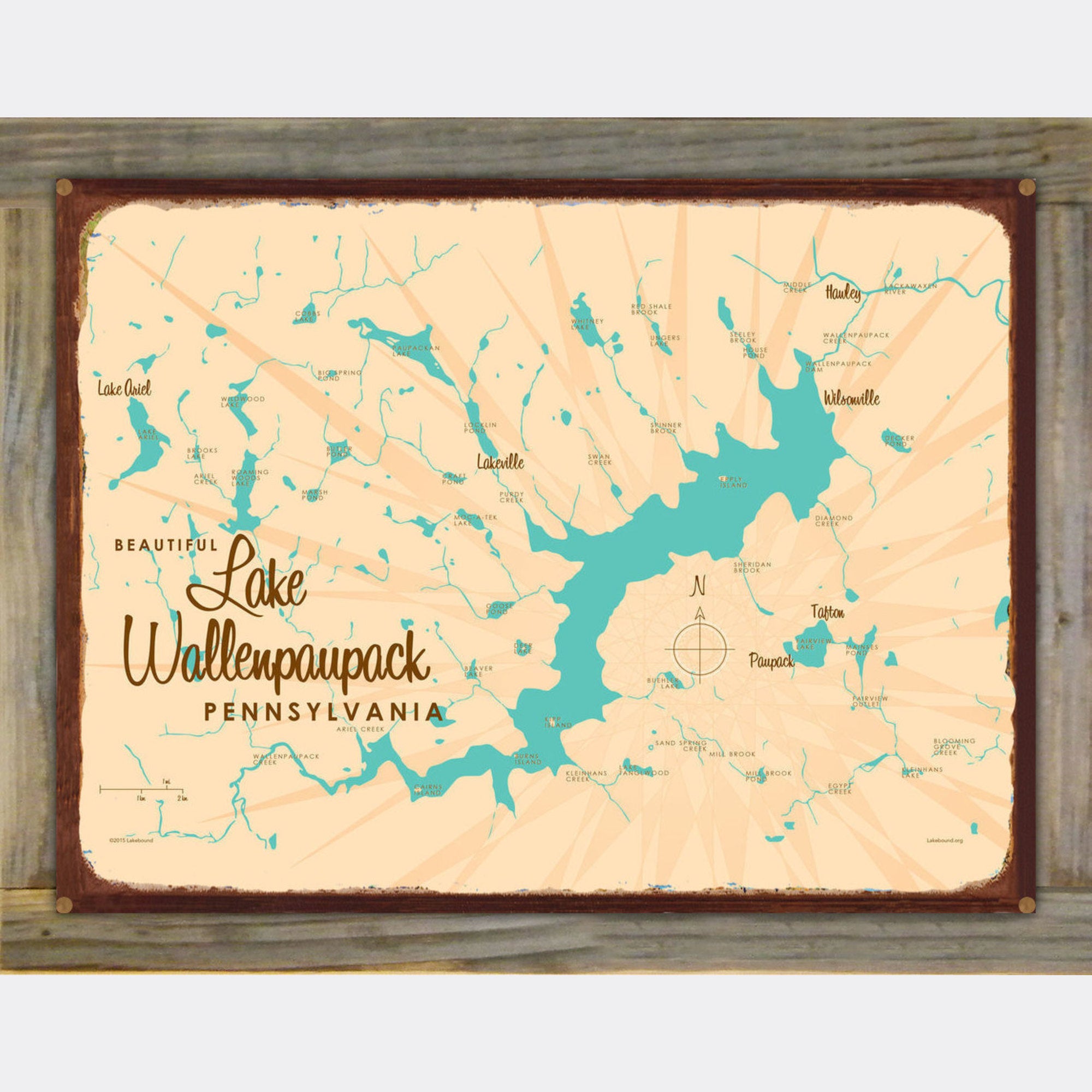 Lake Wallenpaupack Pennsylvania, Wood-Mounted Rustic Metal Sign Map Art