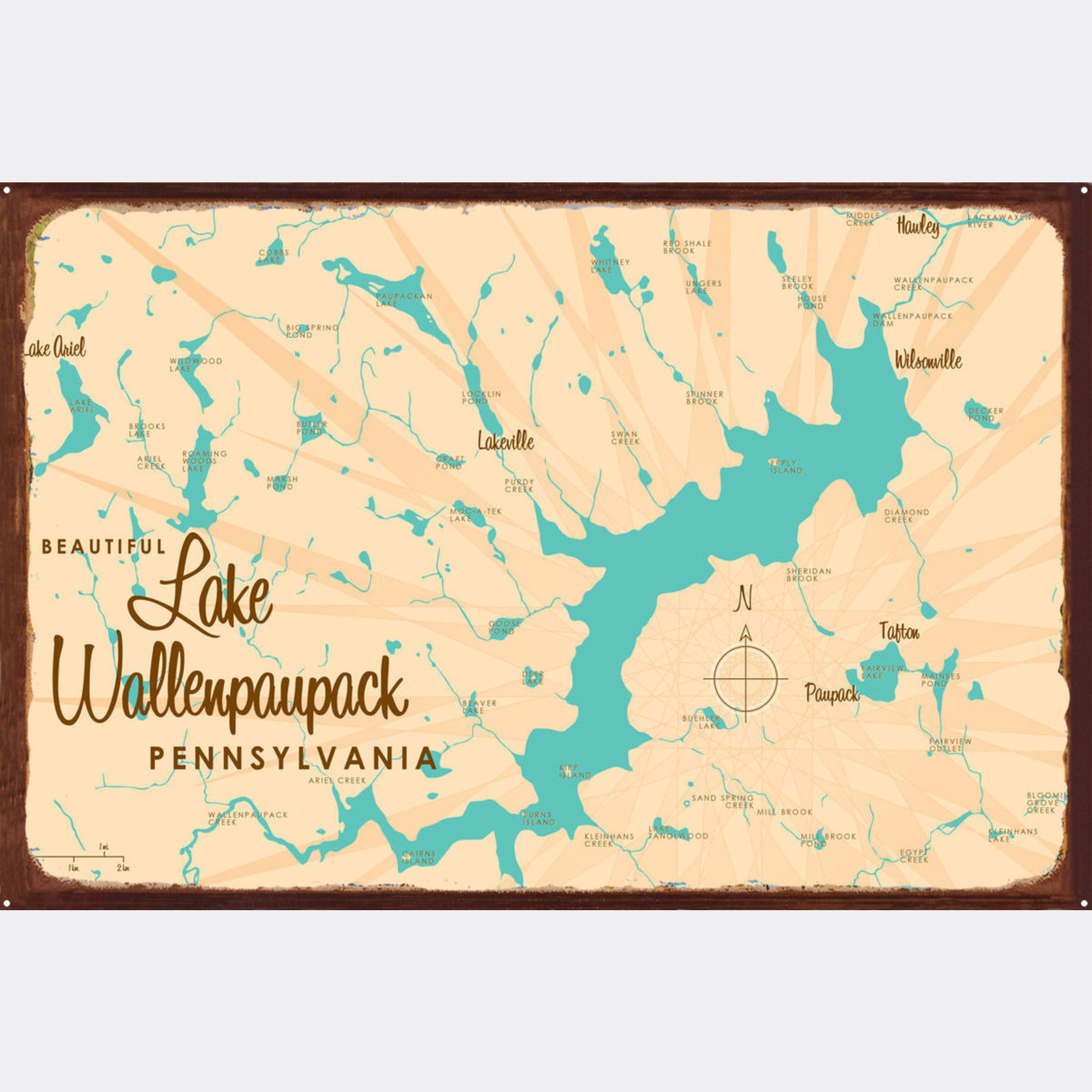 Lake Wallenpaupack Pennsylvania, Rustic Metal Sign Map Art