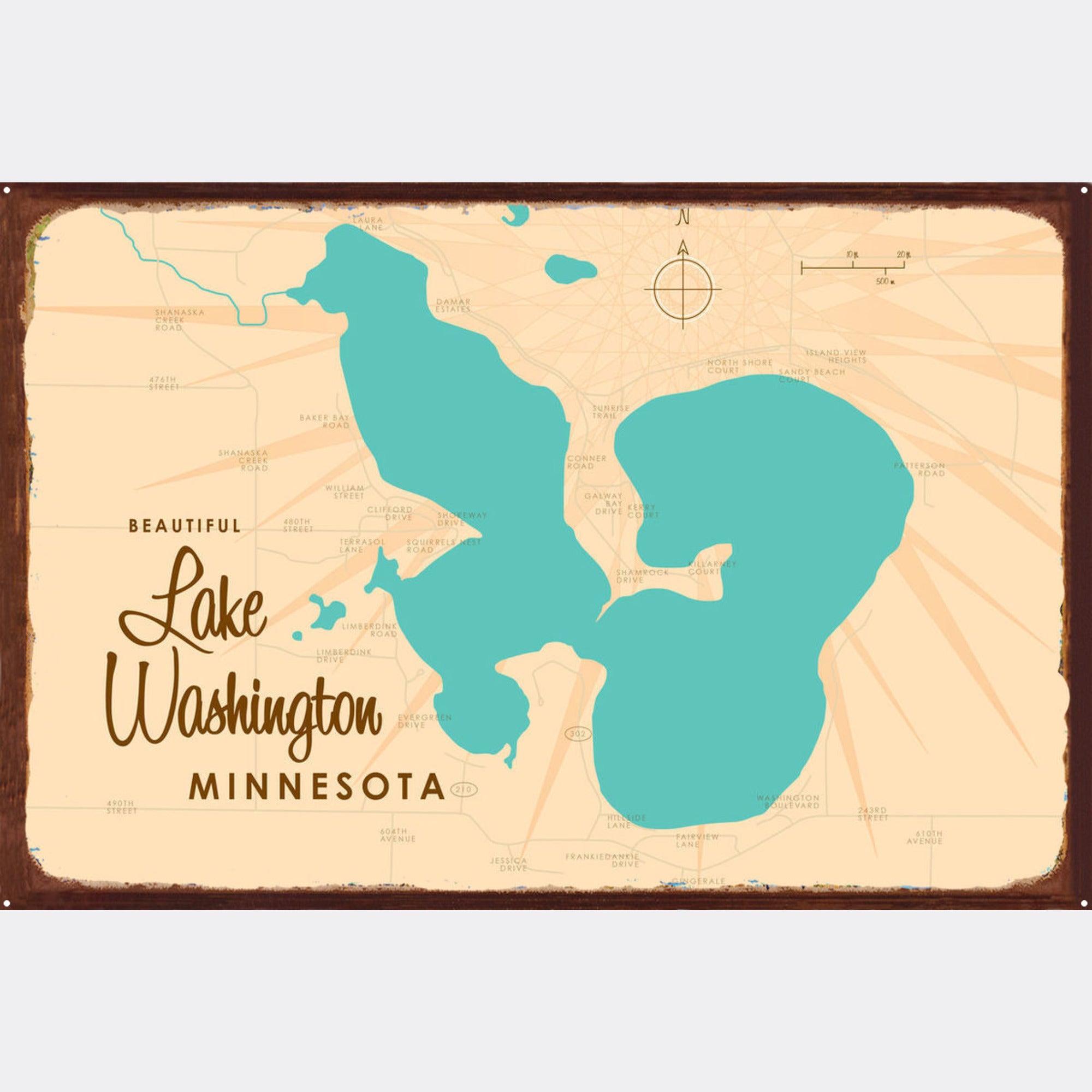 Lake Washington Minnesota, Rustic Metal Sign Map Art