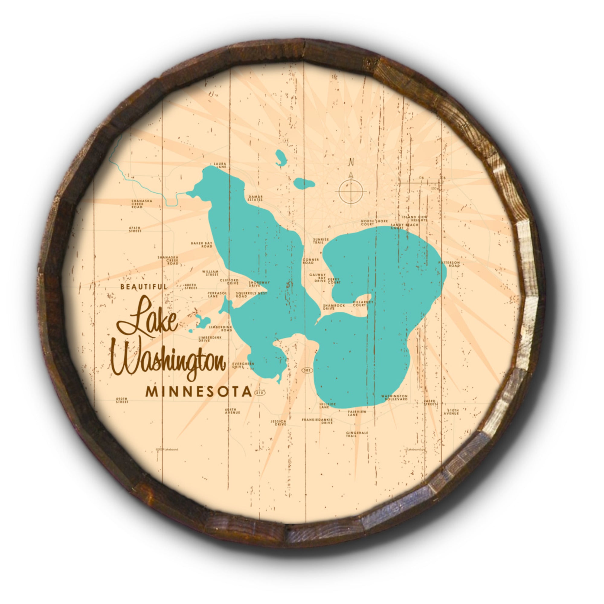 Lake Washington Minnesota, Rustic Barrel End Map Art