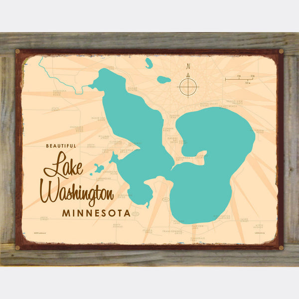 Lake Washington Minnesota, Wood-Mounted Rustic Metal Sign Map Art