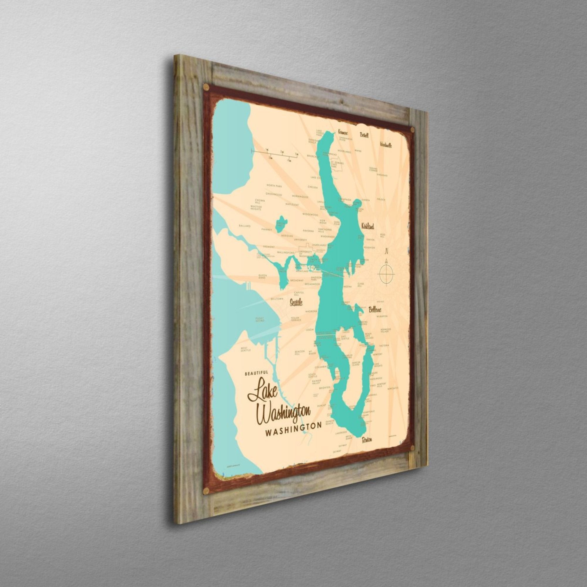 Lake Washington Washington, Wood-Mounted Rustic Metal Sign Map Art