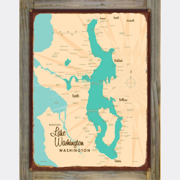 Lake Washington Washington, Wood-Mounted Rustic Metal Sign Map Art