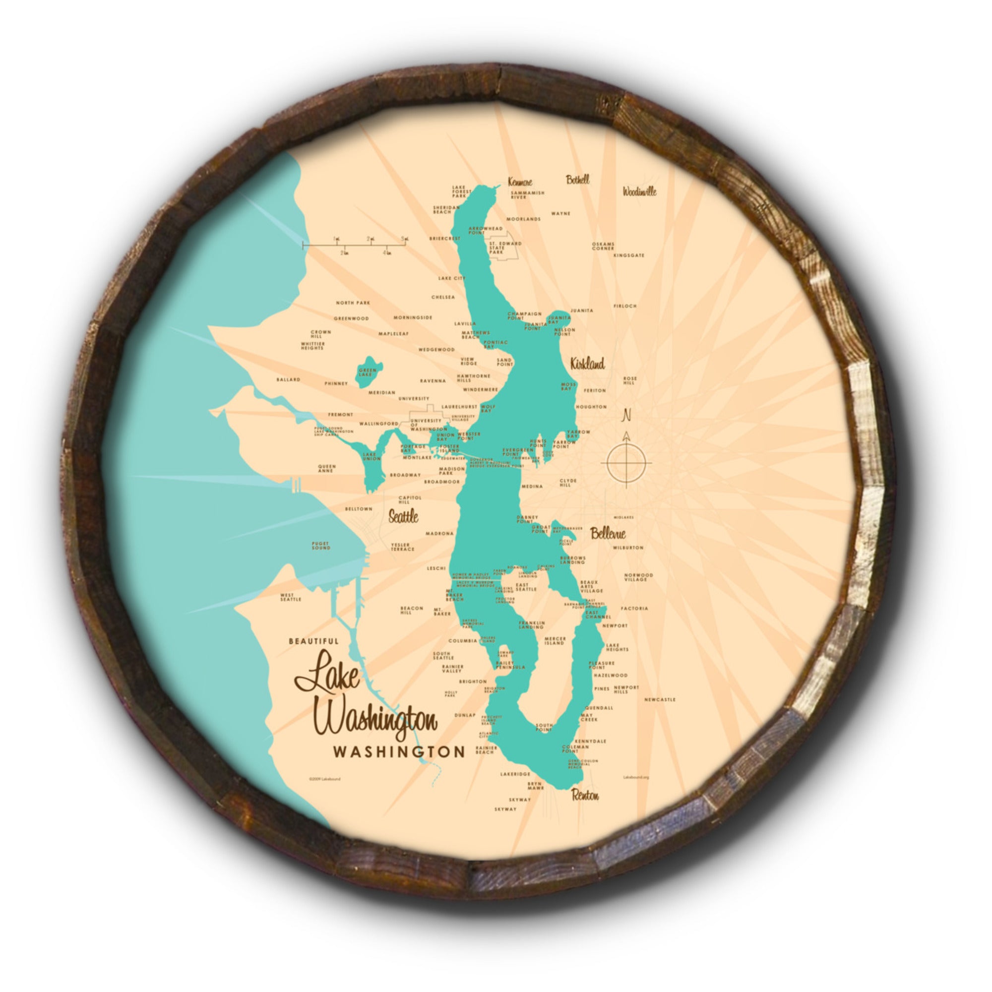 Lake Washington Washington, Barrel End Map Art