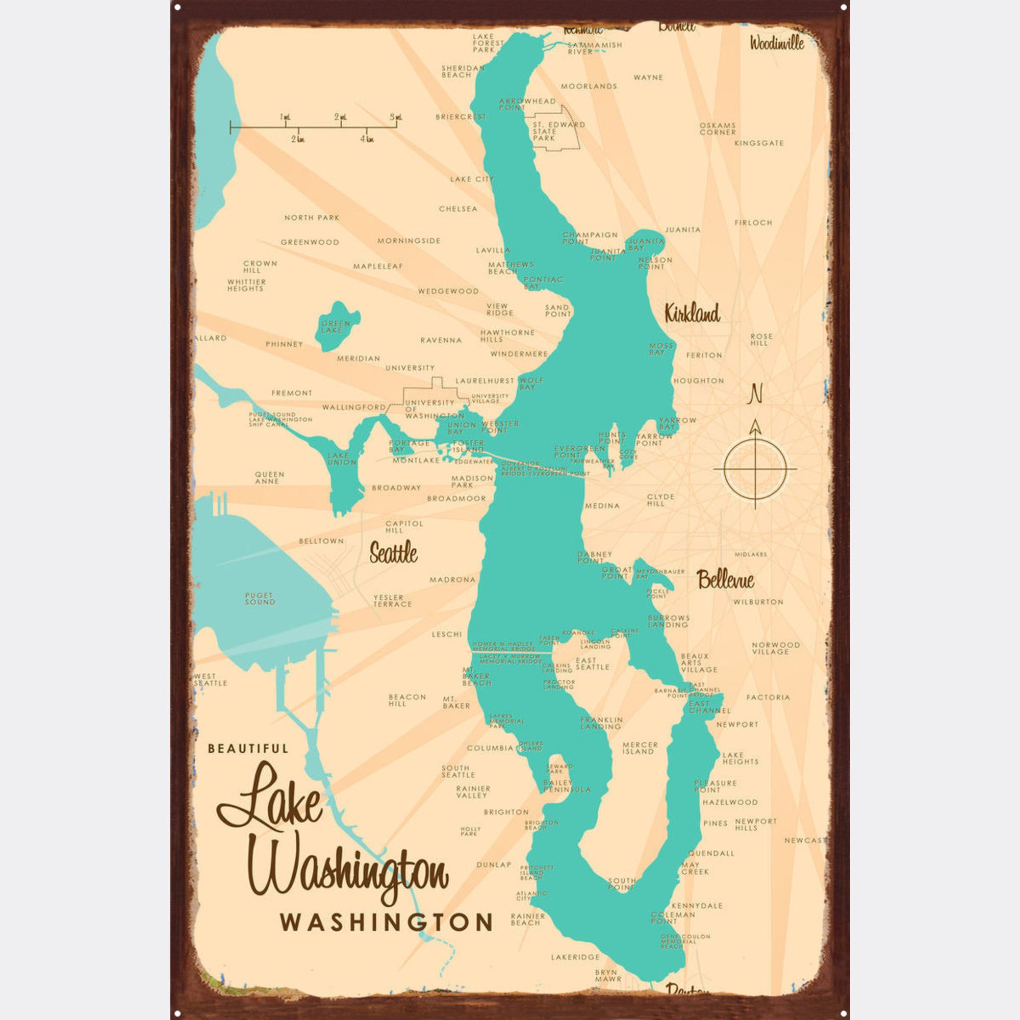 Lake Washington Washington, Rustic Metal Sign Map Art