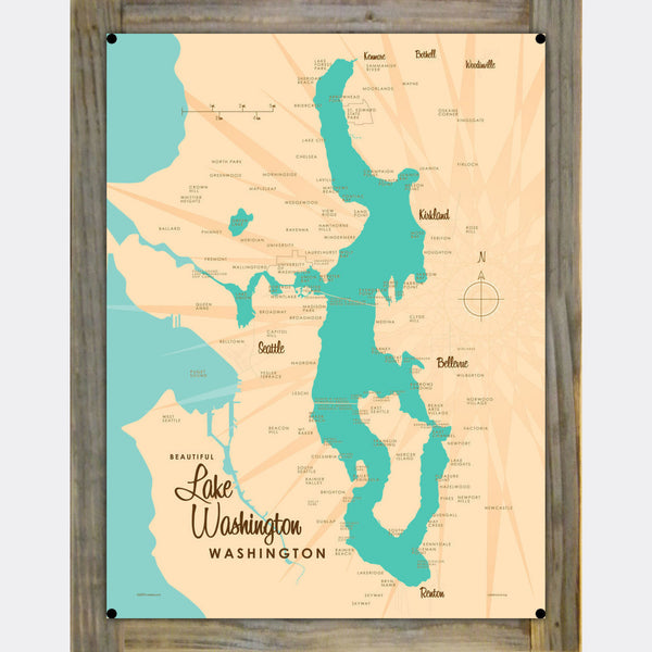 Lake Washington Washington, Wood-Mounted Metal Sign Map Art