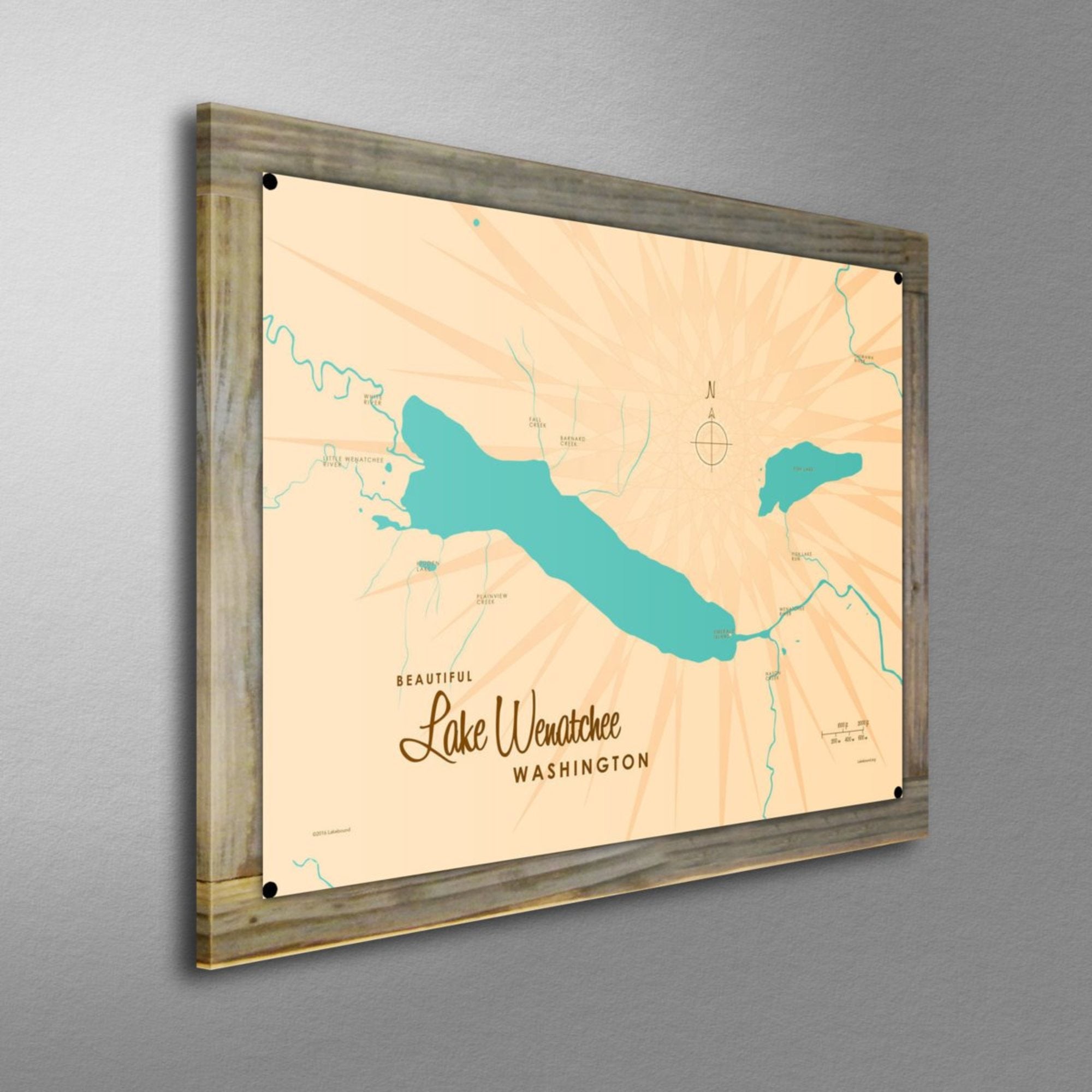 Lake Wenatchee Washington, Wood-Mounted Metal Sign Map Art