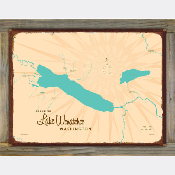 Lake Wenatchee Washington, Wood-Mounted Rustic Metal Sign Map Art