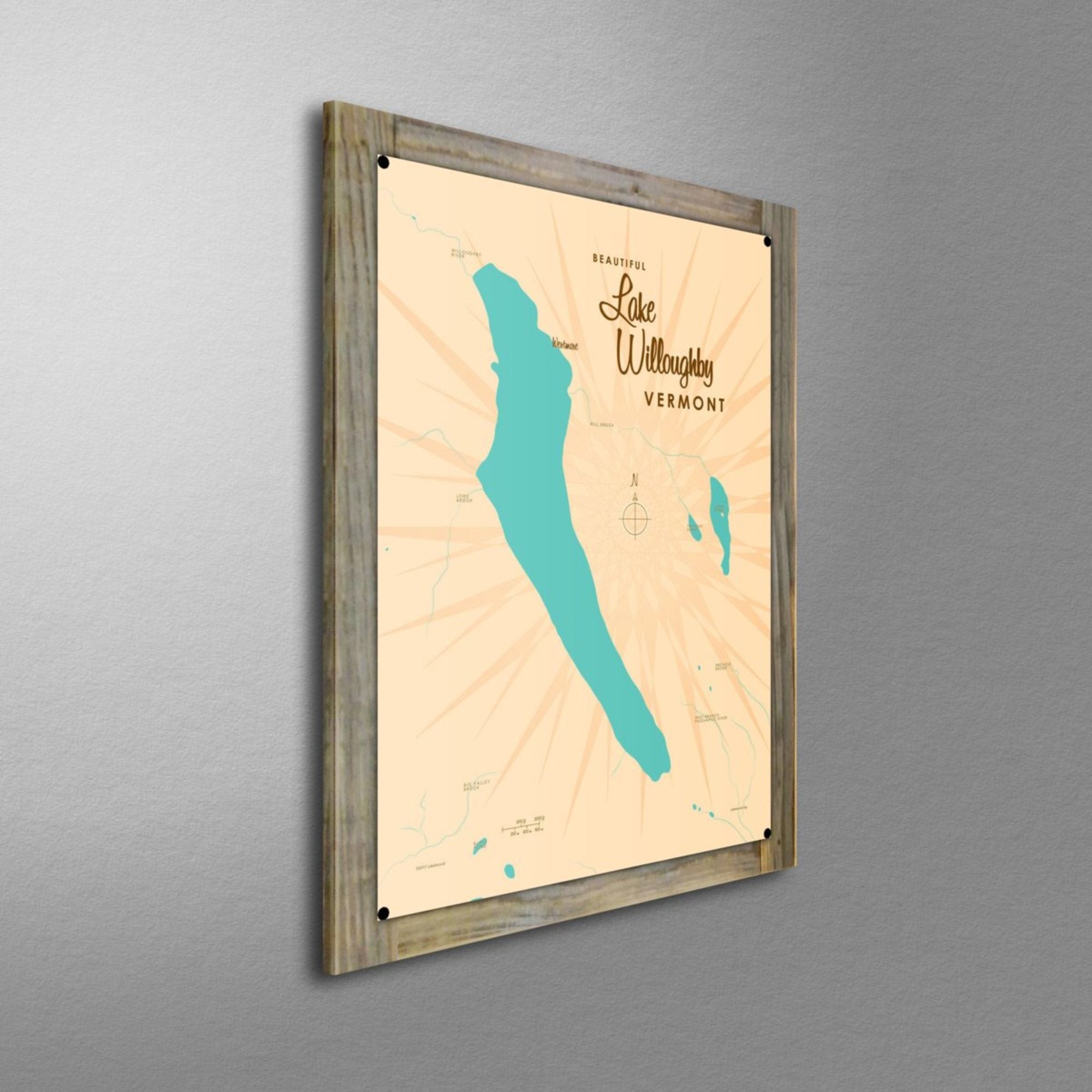 Lake Willoughby Vermont, Wood-Mounted Metal Sign Map Art