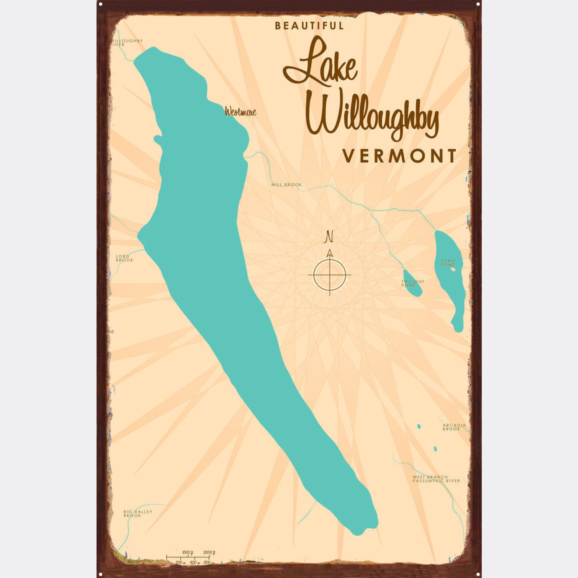 Lake Willoughby Vermont, Rustic Metal Sign Map Art