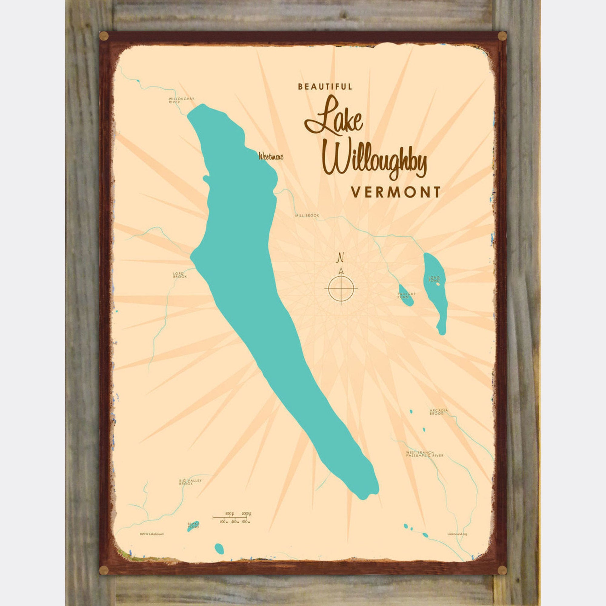 Lake Willoughby Vermont, Wood-Mounted Rustic Metal Sign Map Art