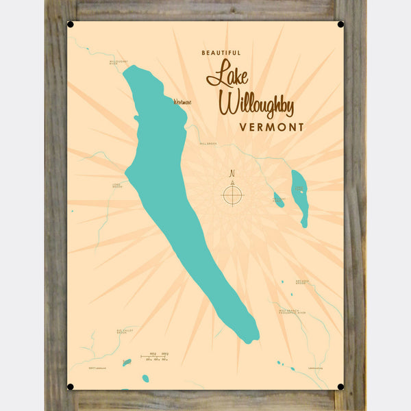 Lake Willoughby Vermont, Wood-Mounted Metal Sign Map Art