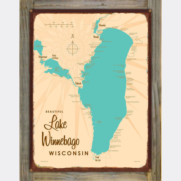 Lake Winnebago Wisconsin, Wood-Mounted Rustic Metal Sign Map Art